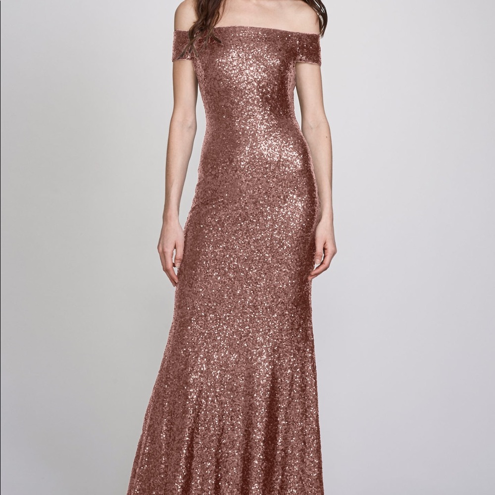 Off the shoulder gold rose sequin night gown.